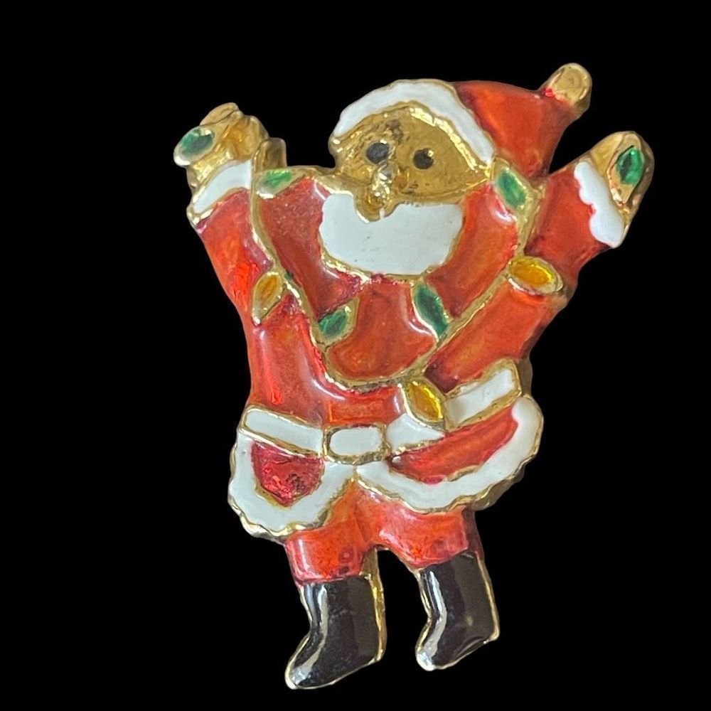 Vintage Red Enamel Santa Claus Jolly Old St. Nick Christmas Brooch Pin Gold Tone